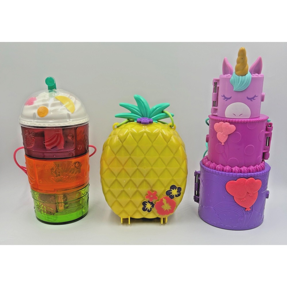 Set of 3 Polly Pocket Playsets - Milkshake, Pineapple & Unicorn Cake Playsets